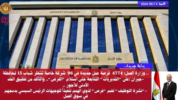 وزارة العمل: 4774  فُرصة عمل جديدة في 96  شركة خاصة تنتظر شباب 15 مُحافظة 