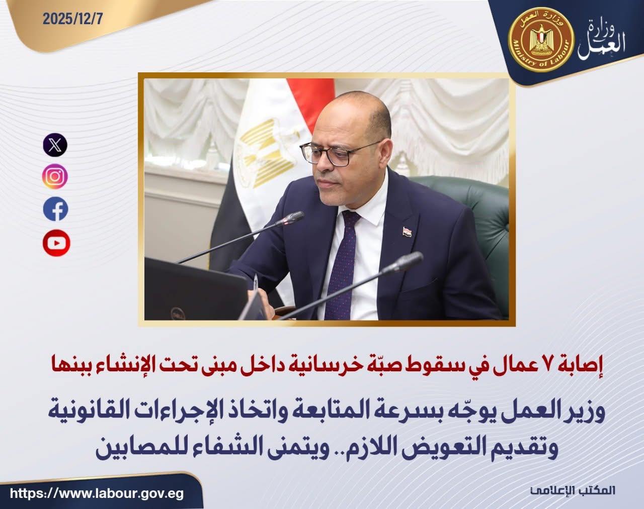 إصابة 7 عمال في سقوط صبة خرسانية داخل مبنى تحت الإنشاء ببنها ووزير العمل يتابع